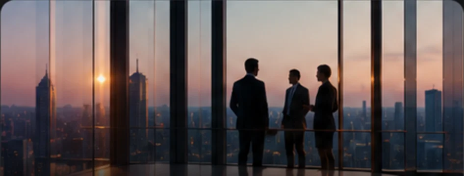 Silhouetted team talking at a glass office window at dusk
